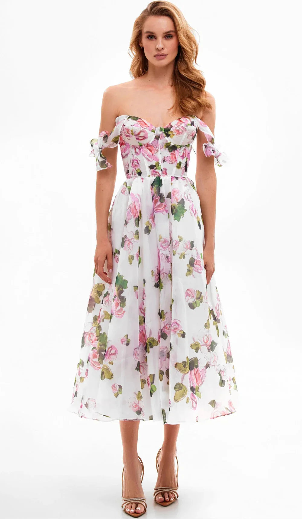 Floral Print Tie Up Buster Flare Mesh Midi Dress