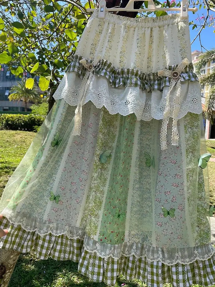 Green Floral Ruffle Long Skirt - Office Lady A-Line