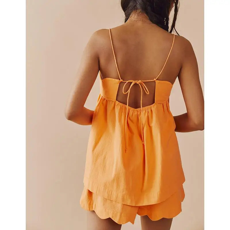 Scalloped Hem Babydoll Cami Tops And Wide Leg Shorts Set