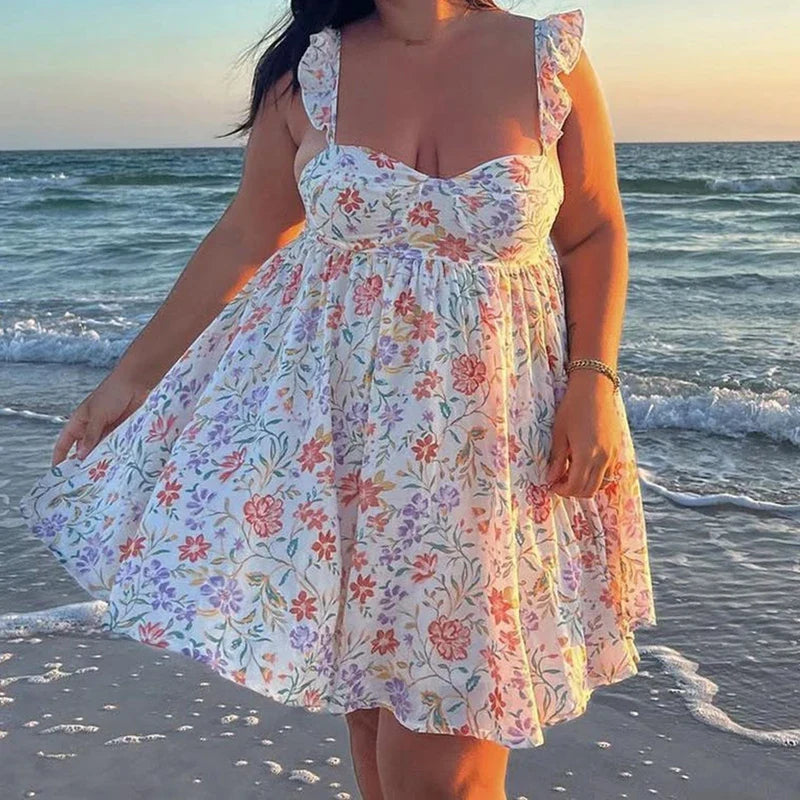 Floral/Solid Frill Strap Flowy Mini Dress