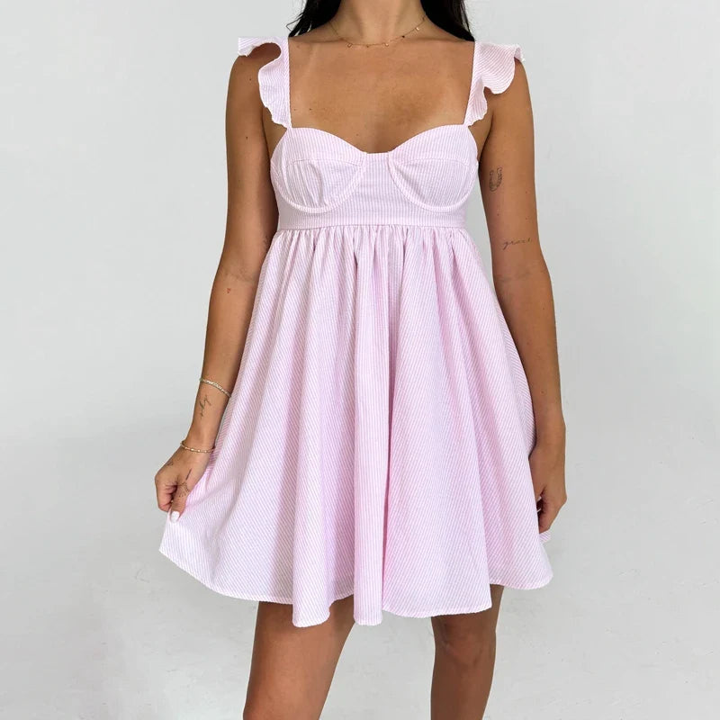 Floral/Solid Frill Strap Flowy Mini Dress