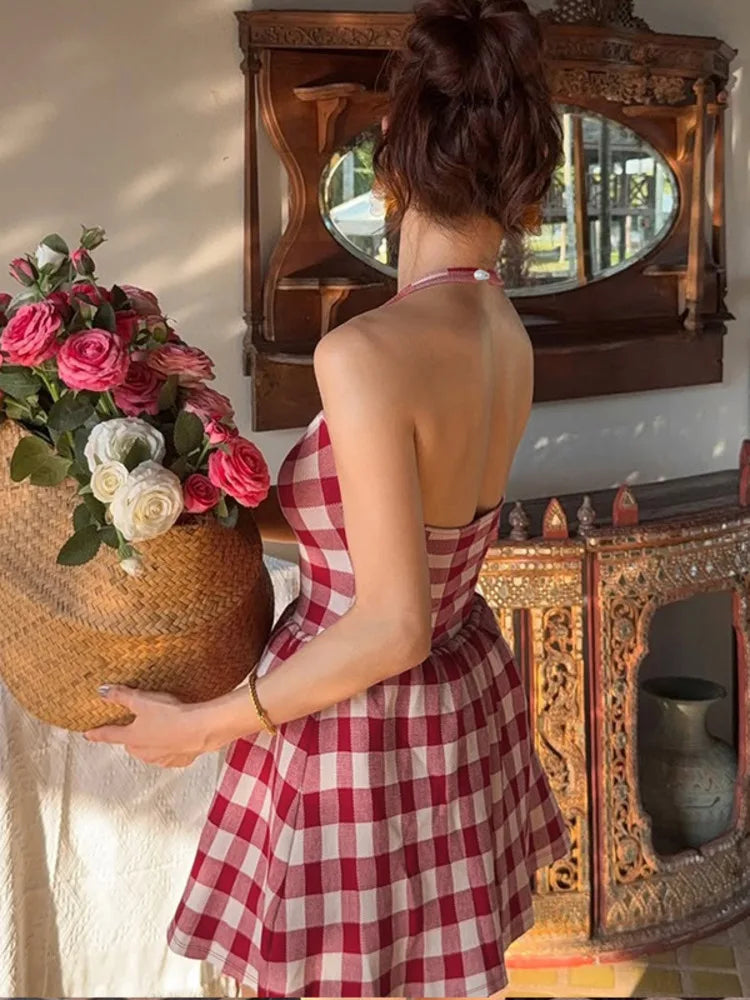 Red Halter Plaid Print Mini Dress