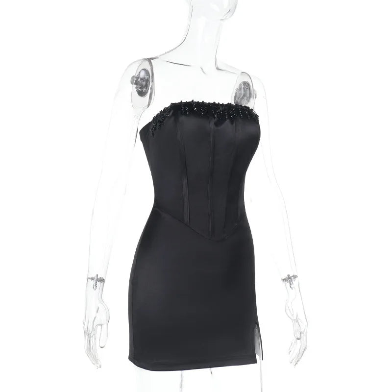 Satin Beading Tassel Corset Mini Dress