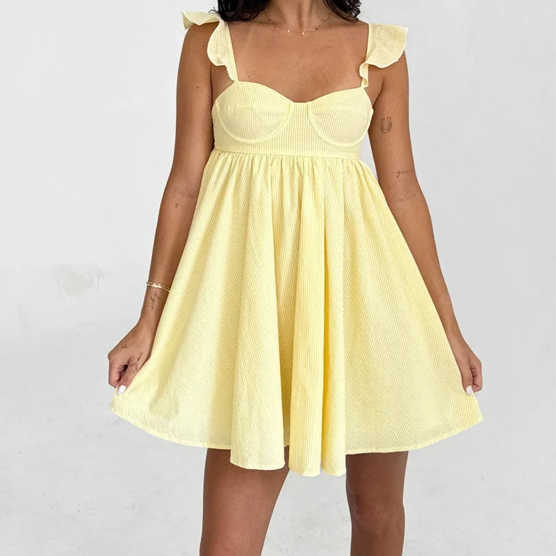 Floral/Solid Frill Strap Flowy Mini Dress