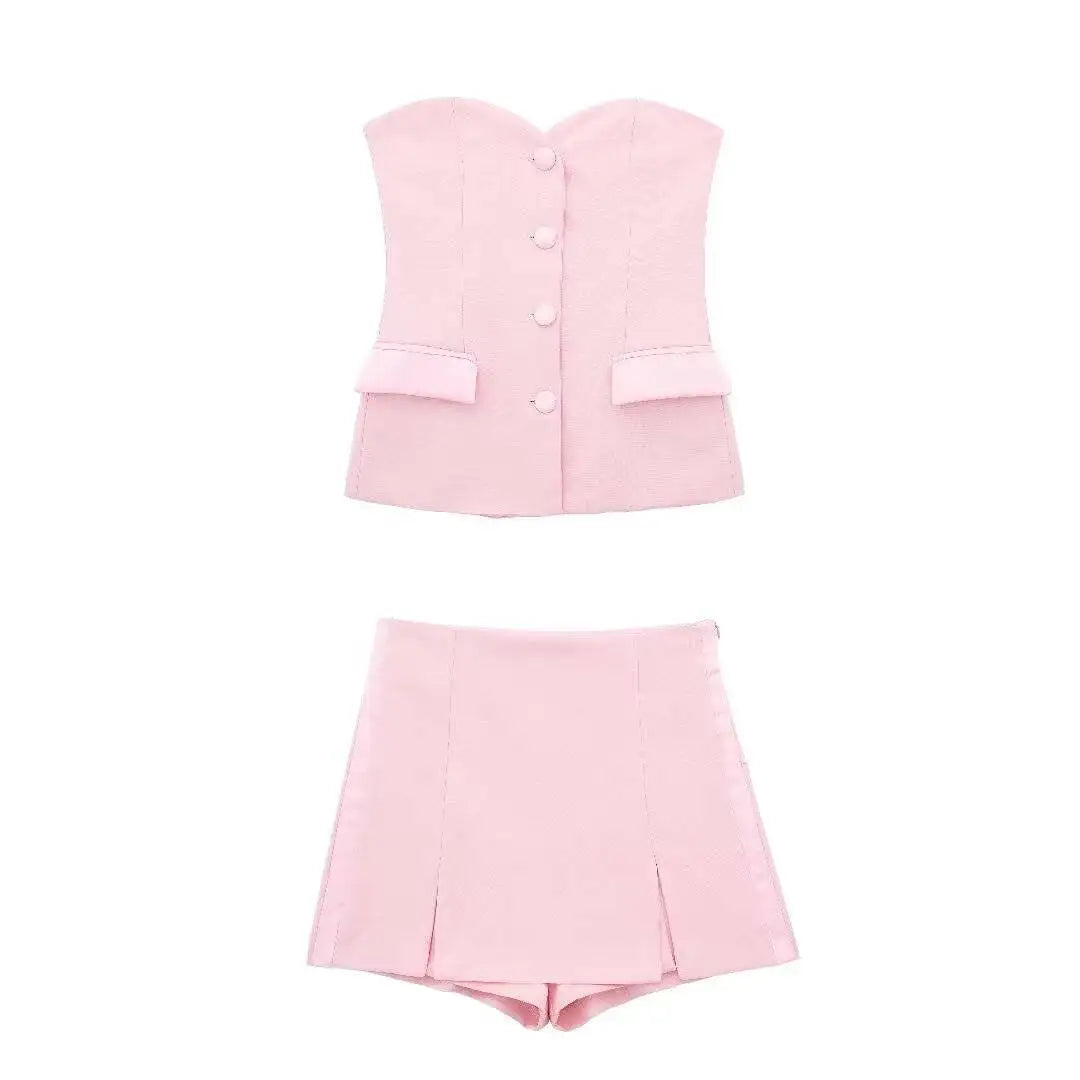 Tight Corset Top and High Waist A-line Slim Fit Short Skirt Set