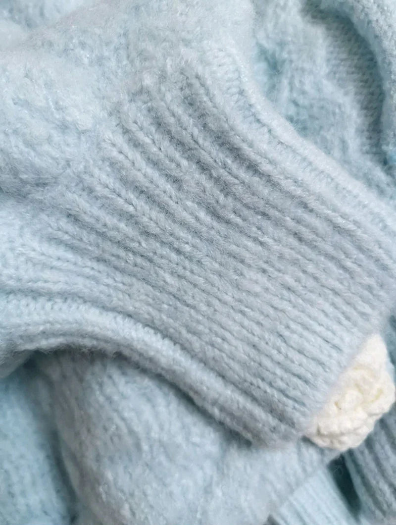 Blue Knitted Rose Buttoned Cardigan
