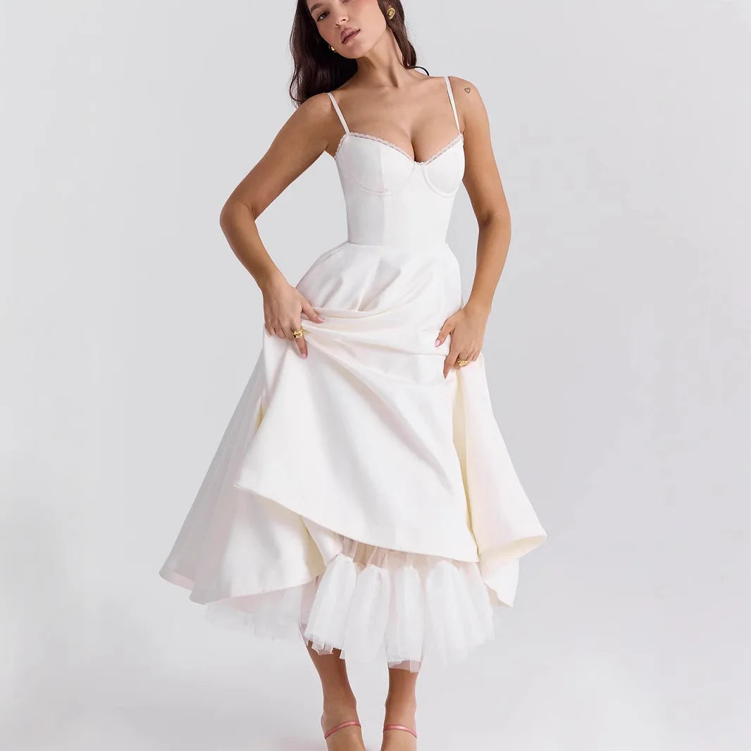 Satin Bustier Strap Tulle Midi Dress