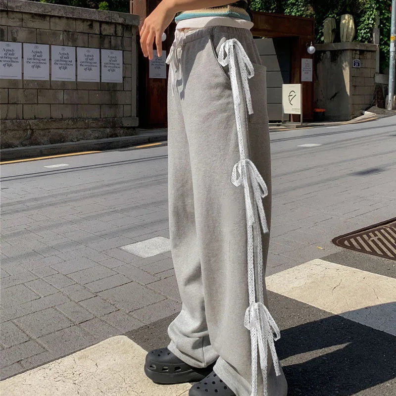 Grey Stripe Ribbon Drawstring Sweatpants