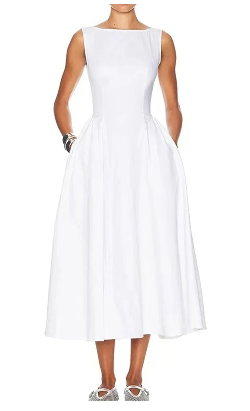 Solid Round Neck Waist A-line Sleeveless Midi Dress