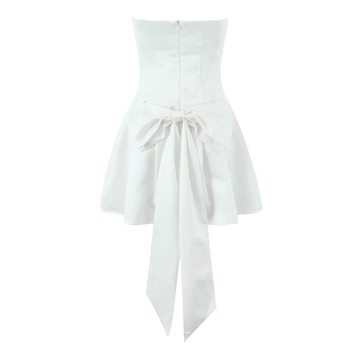 White Satin Tulle Back Bow Mini Strapless Dress