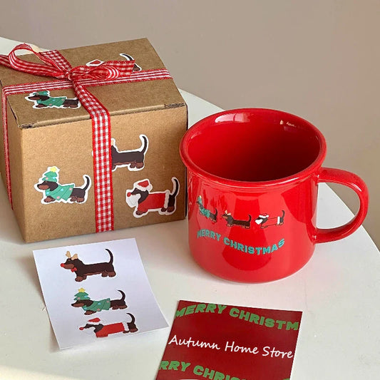 Original Christmas Sausage Dog Ceramic Mug Cute Cartoon Little Red Cup Girl Giving Gift Coffee Cup