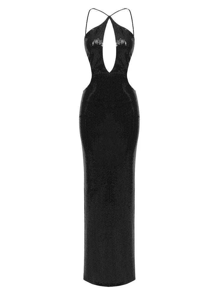 Sequin Cut Out Backless Strap Maxi Dress