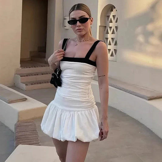 Ruched Puff White Textured Mini Dress