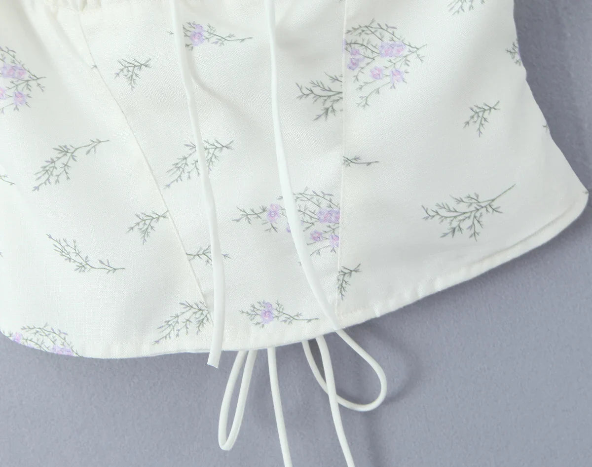 White Floral Print Tie Up Top