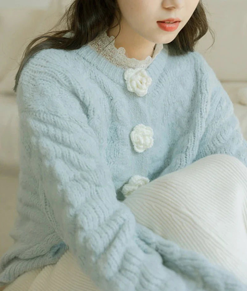 Blue Knitted Rose Buttoned Cardigan