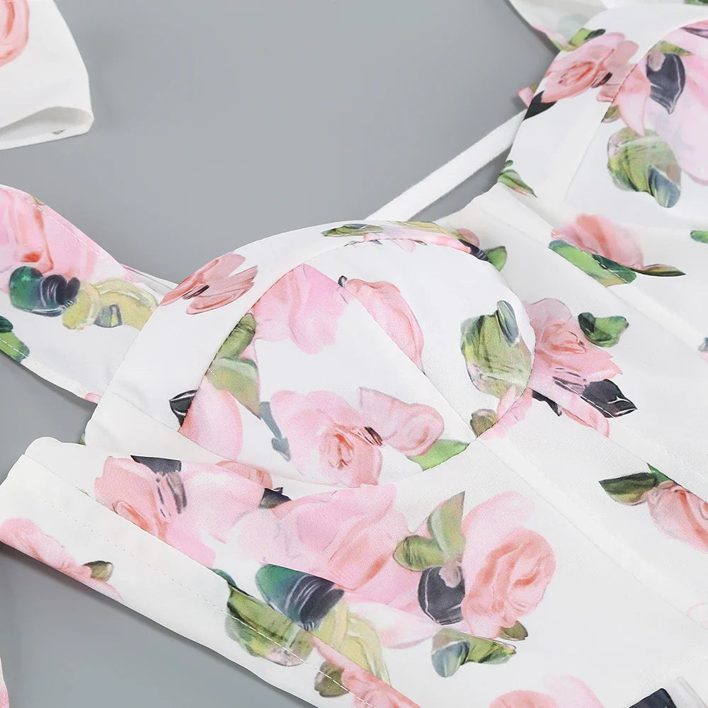 Floral Print Tie Up Buster Flare Mesh Midi Dress