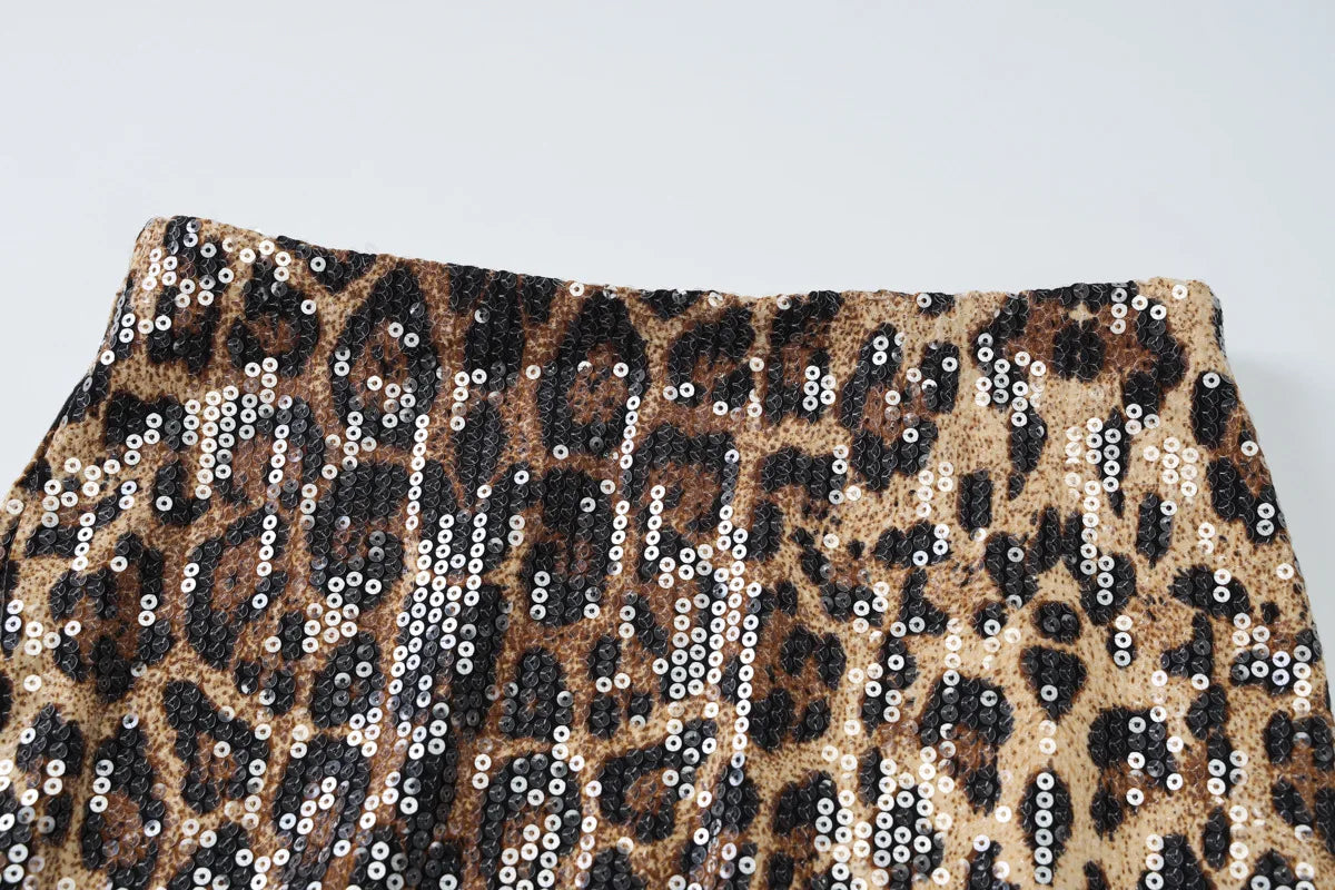 Leopard Print Sequin Backless Halter Top and Mini Skirt Two Piece Set