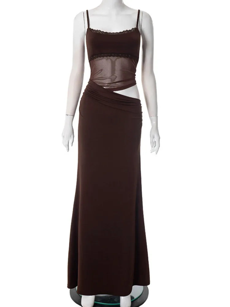 Brown Spaghetti Strap Mesh Patchwork Maxi Dress
