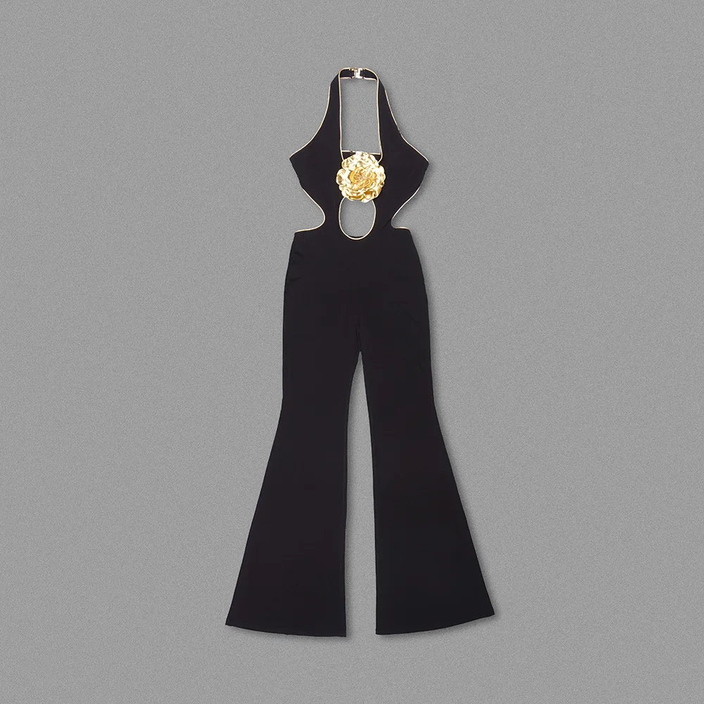 Black Cut Out Halter Golden Flower Jumpsuit