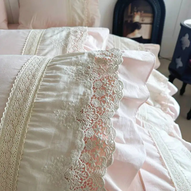 Pink Luxury Princess Wedding Lace Ruffles 100% Cotton Bedding Set Duvet Cover Bed Sheet/Bed Skirt/Fitted Sheet Pillowcases 4Pcs