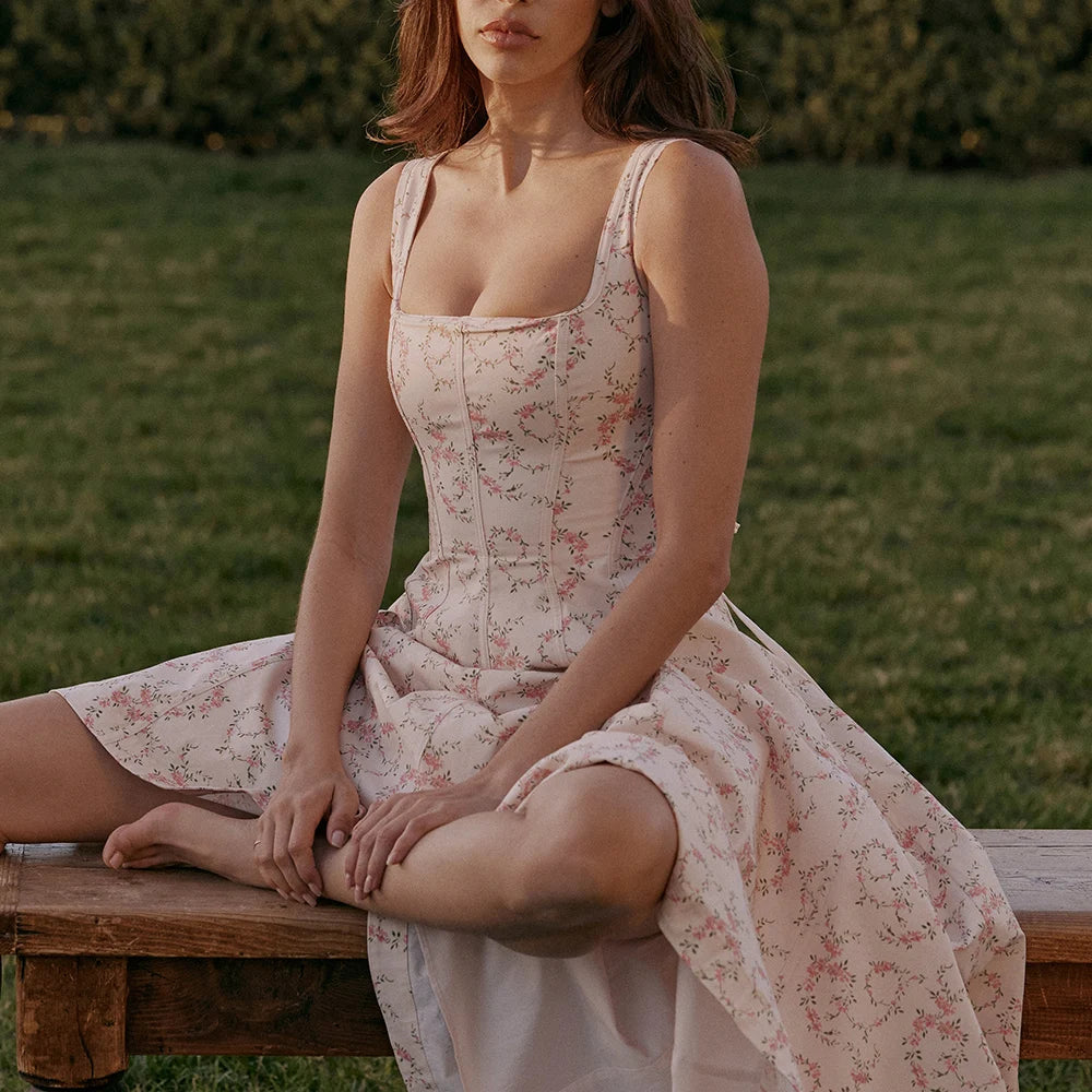 Pink Floral Print Lace Up Square Neck Midi Dress