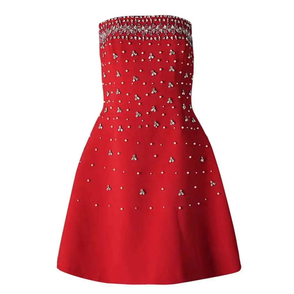 Back Diamond Stones Flare Strapless Mini Dress