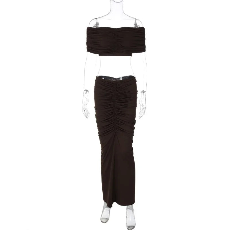 Off-shoulder Crop Top And Ruched Maxi Skirt Set