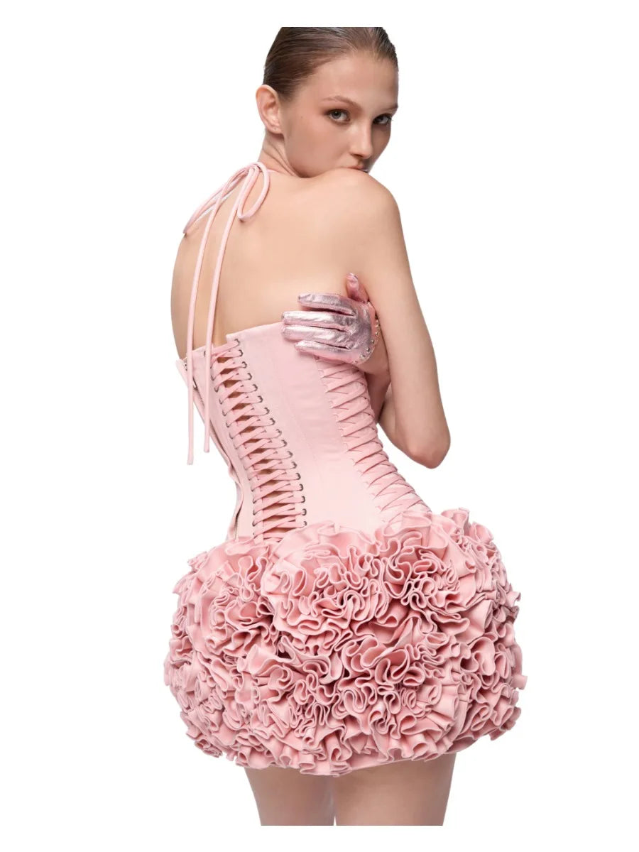 Pink Satin Corset And Frill 3d  Flower Mini Dress