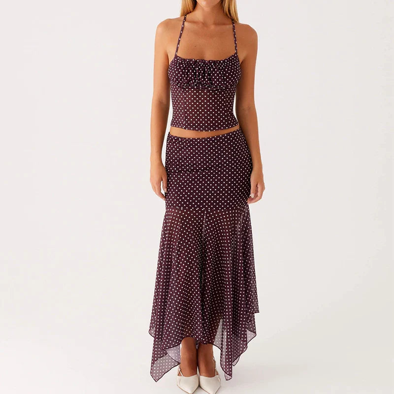 Purple Polka Dot Mesh Cami Crop Top And Irregular Hem Pencil Mid Skirts Set