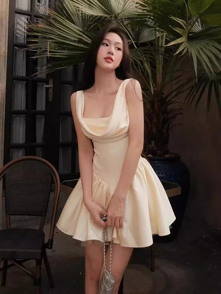 Satin Cowl Neck Back Lace Up Mini Dress