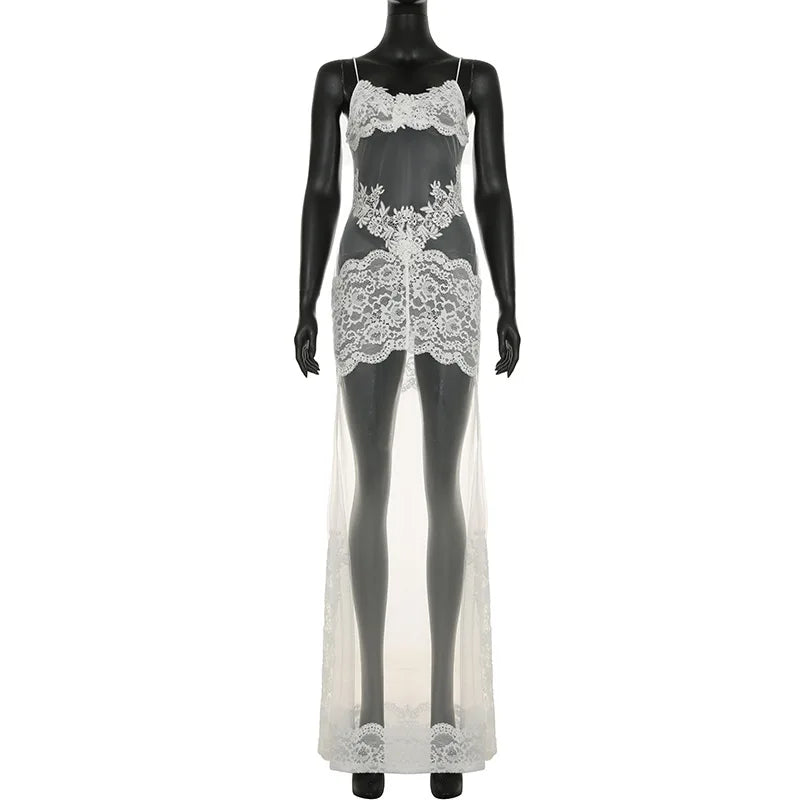 Mesh Lace Patchwork Spaghetti Strap Midi Dress