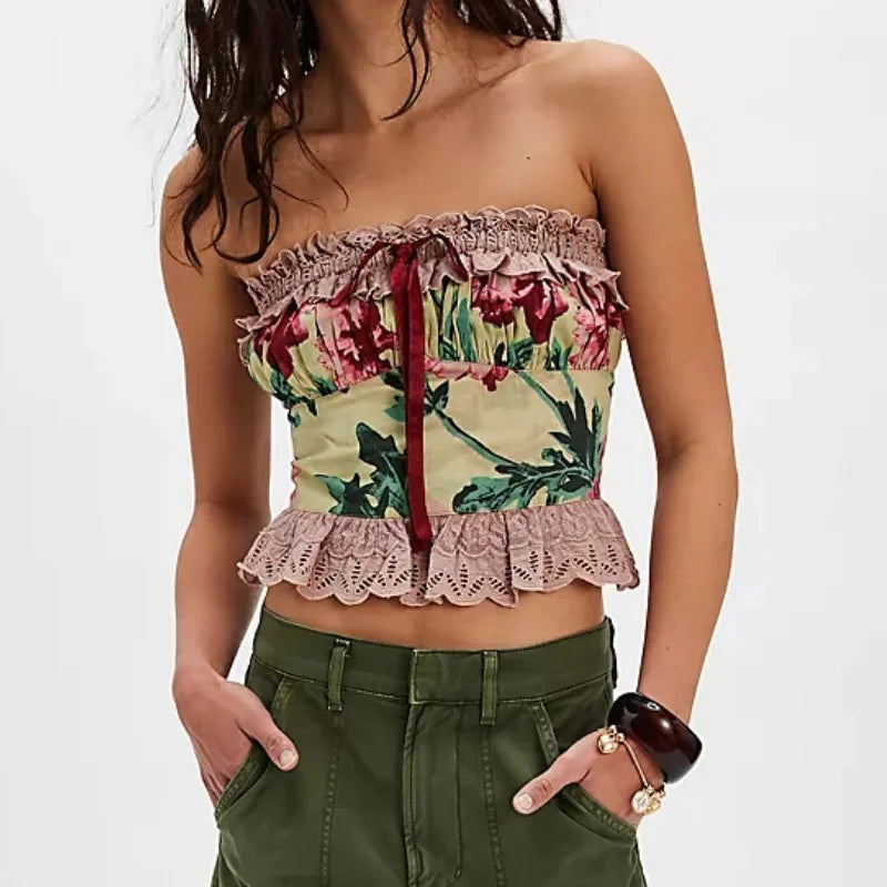 Printed Lace Trim Bow Tube atop