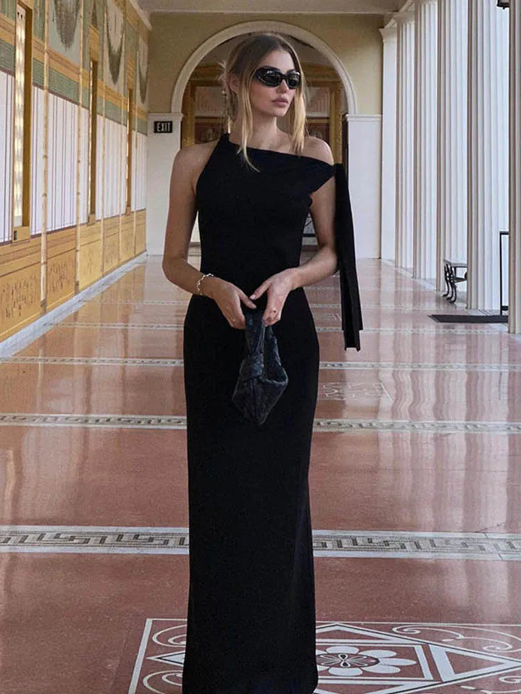 One Shoulder Tie-Up Long Dress - Fit & Flare Knit