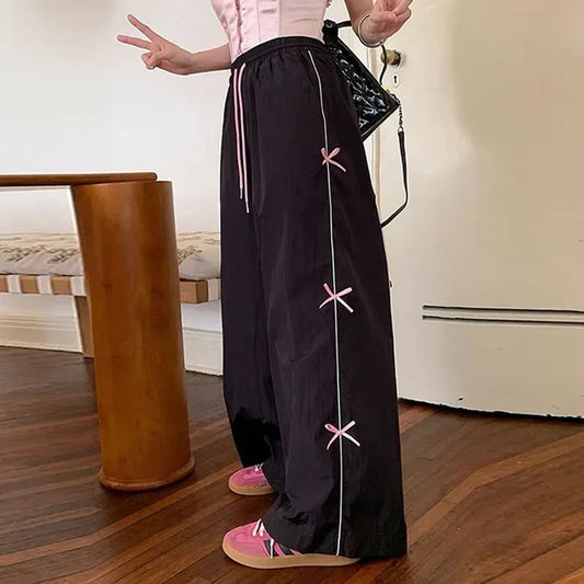 Black Side Bow Drawstring Straight Sweatpants
