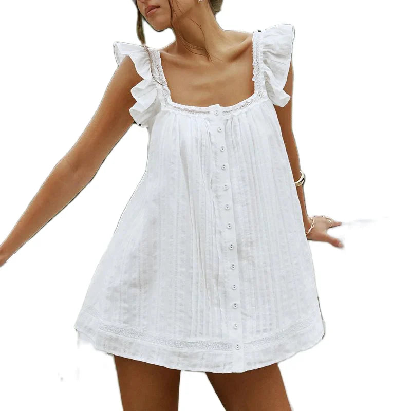 White Frill Trim Square Neck Mini Pleated Dress