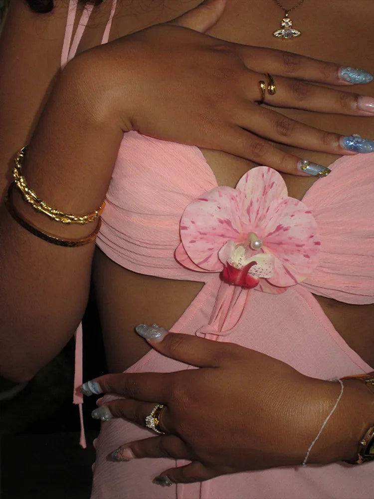 Pink 3d Floral Cut Out Tie Up Maxi Dress