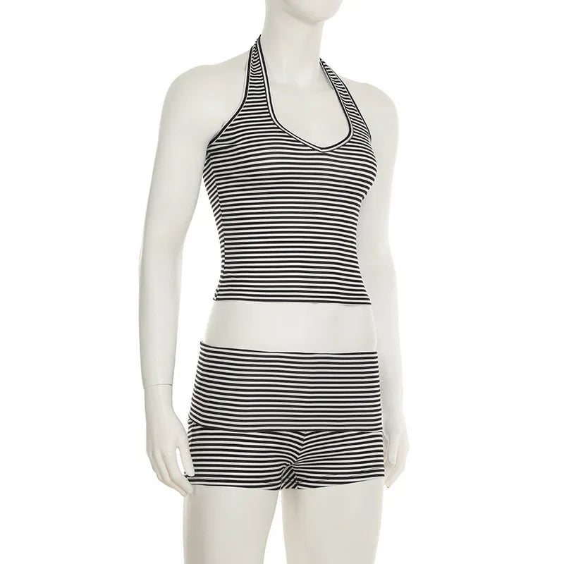 Black and White Stripe Halter Top And Shorts Set