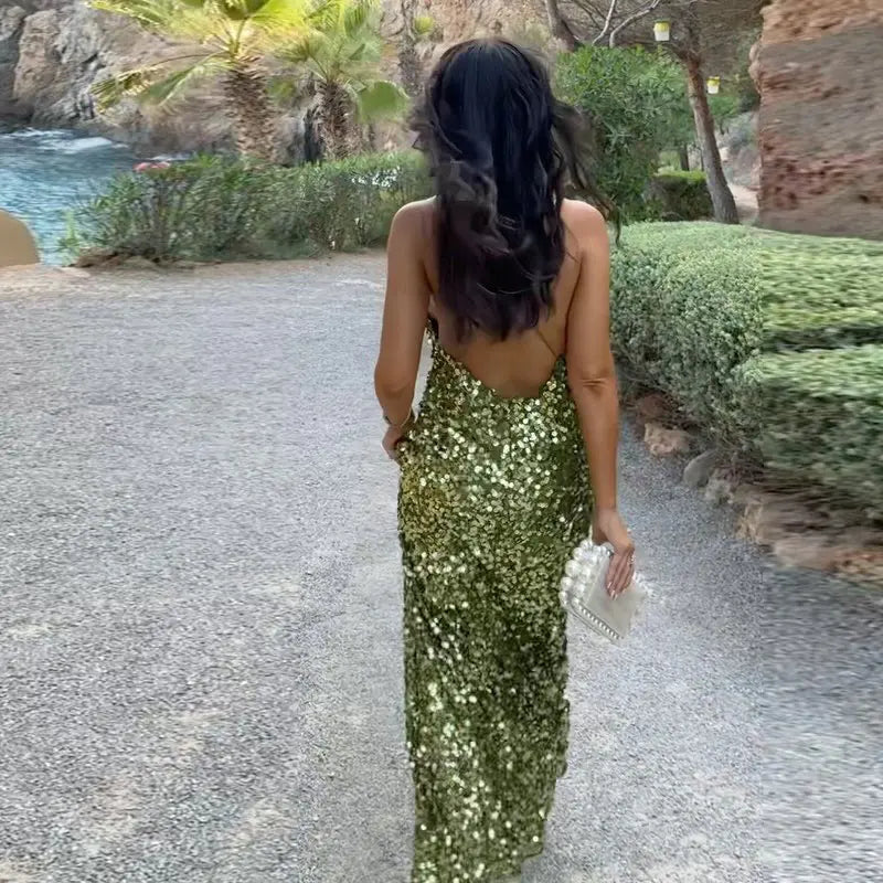 Green Sequin Backless Sling Maxi Dress
