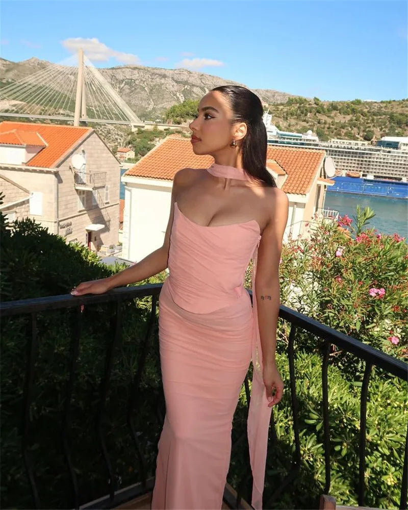 Solid Ruched Corset Top And Body-con Maxi Dress With Scarf Set