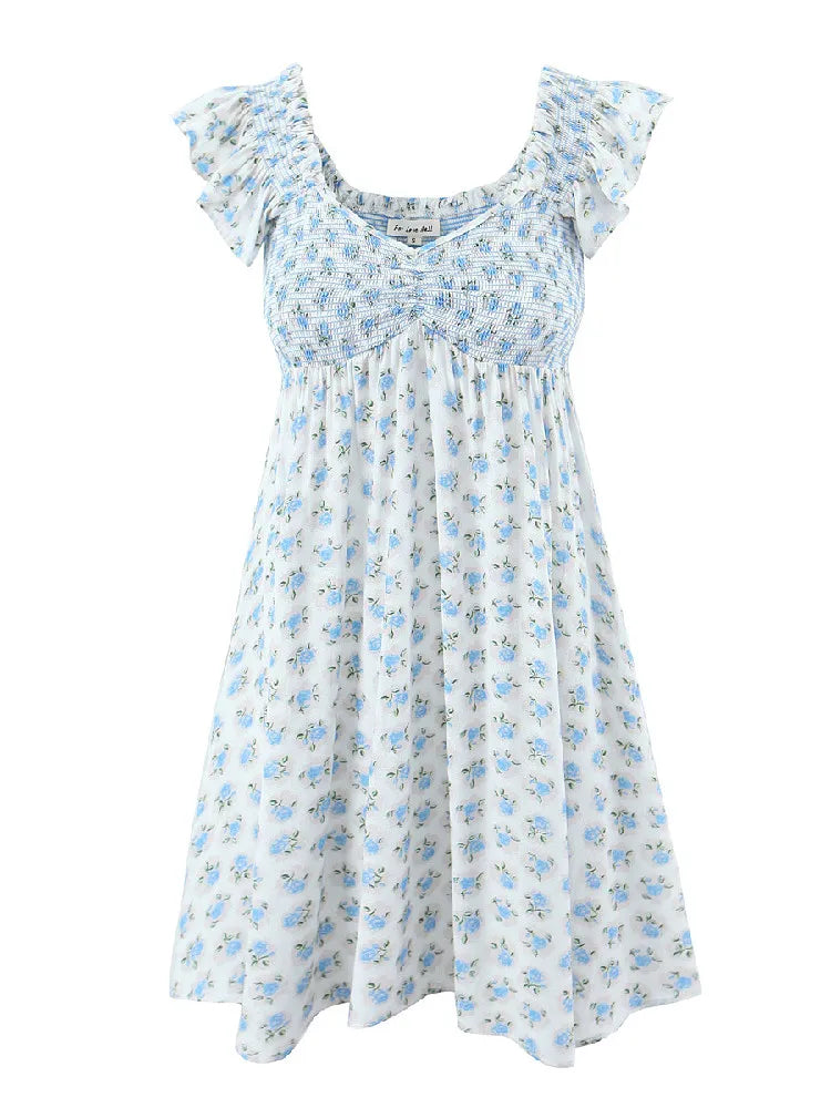 Blue Patchwork Printed Ruffle Strap Mini Dress