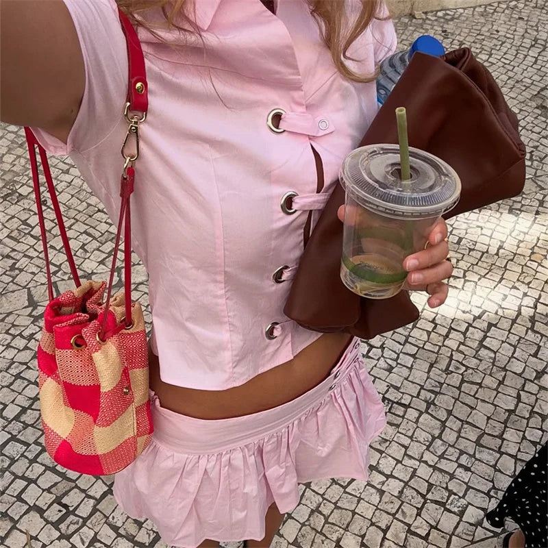 Polo Collar Short Sleeve Top And Mini Skirt Set