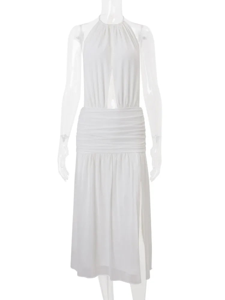 Deep Open Back Sheer Halter Maxi Dress