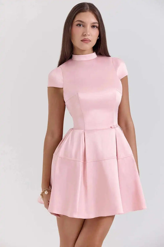 Pink Satin O Neck Cut Back Mini Dress