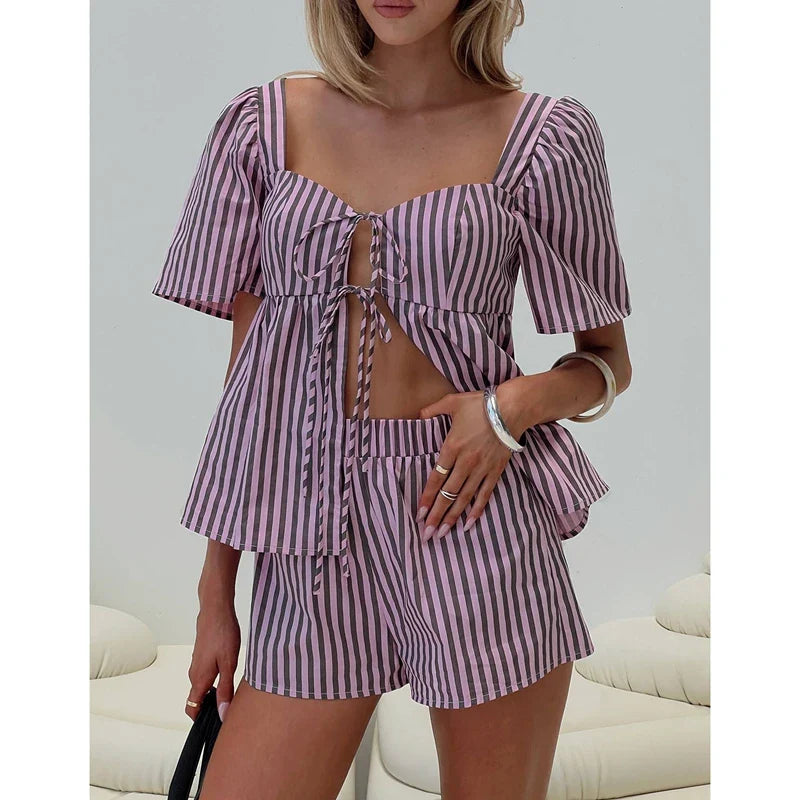 Purple Striped Print Short Sleeve Front Tied Tops And Shorts Set