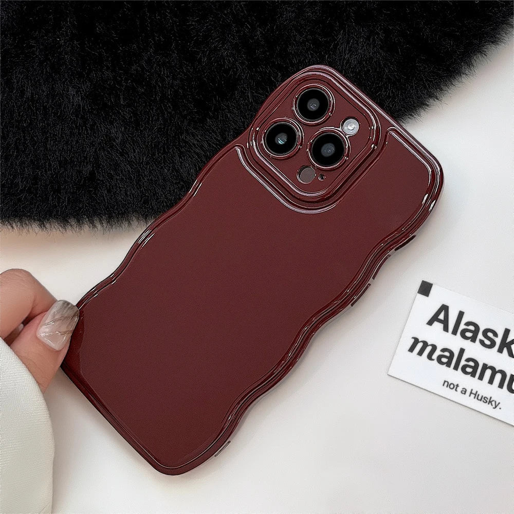 Cute Wave Edge Wine Red Color Phone Case For iPhone 16 15 14 13 12 11 Pro Max Soft Silicone Shockproof Back Cover Christmas Gift