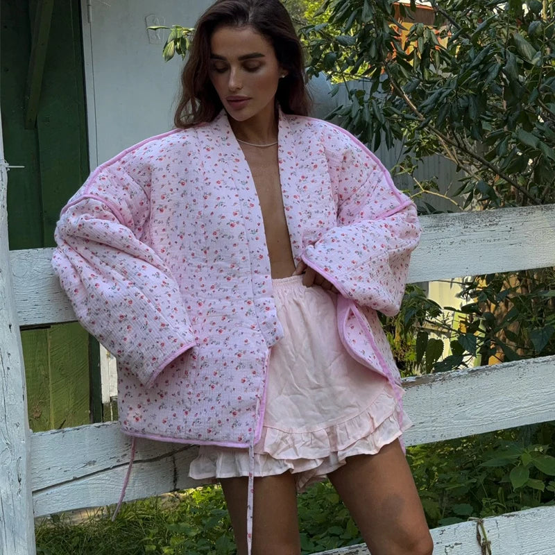 Women's Pink Printed Casual Knit Cardigan - Autumn/Winter Warm