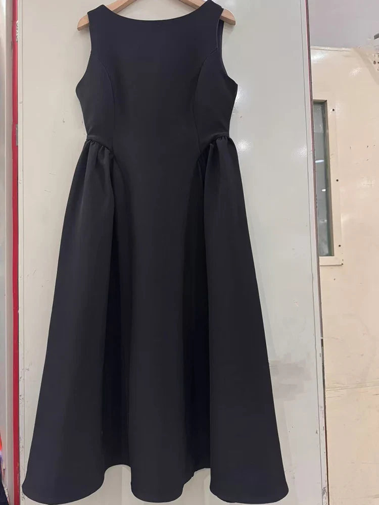 Solid Round Neck Waist A-line Sleeveless Midi Dress