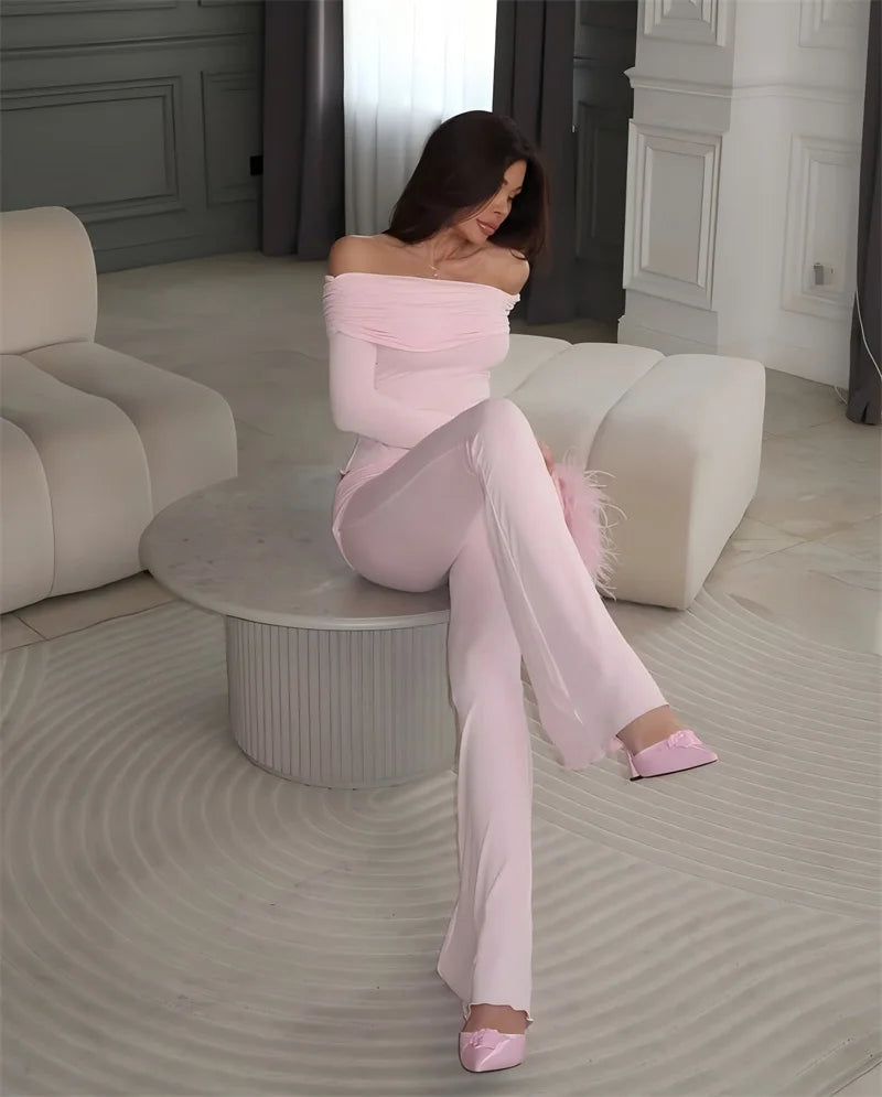 Long Sleeve Off-Shoulder Top And Ruched Pants Set