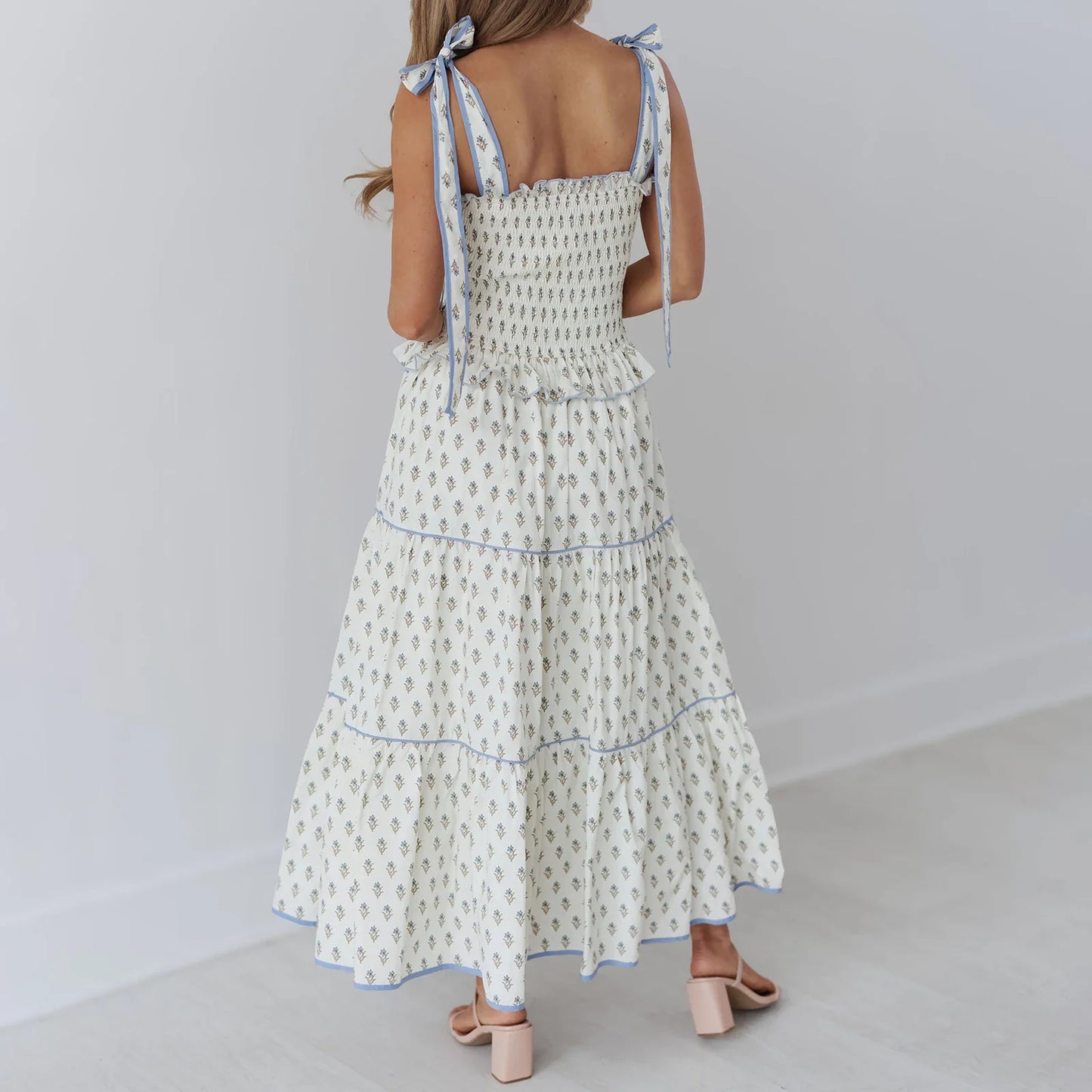 White Floral Print Tie-Up Smocked A-Line Long Dress - Square Neck