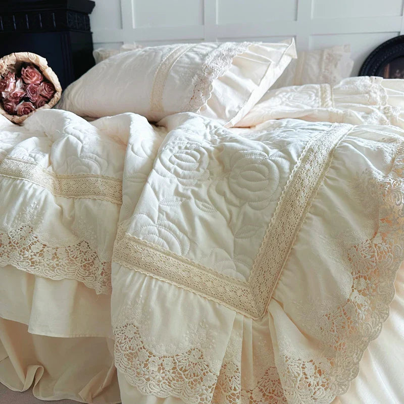 Rose Embossing Quilted Duvet Cover Set Vintage Lace Ruffles Pure Cotton Bedding Set Bed Sheet/Bed Skirt/Fitted Sheet Pillowcases